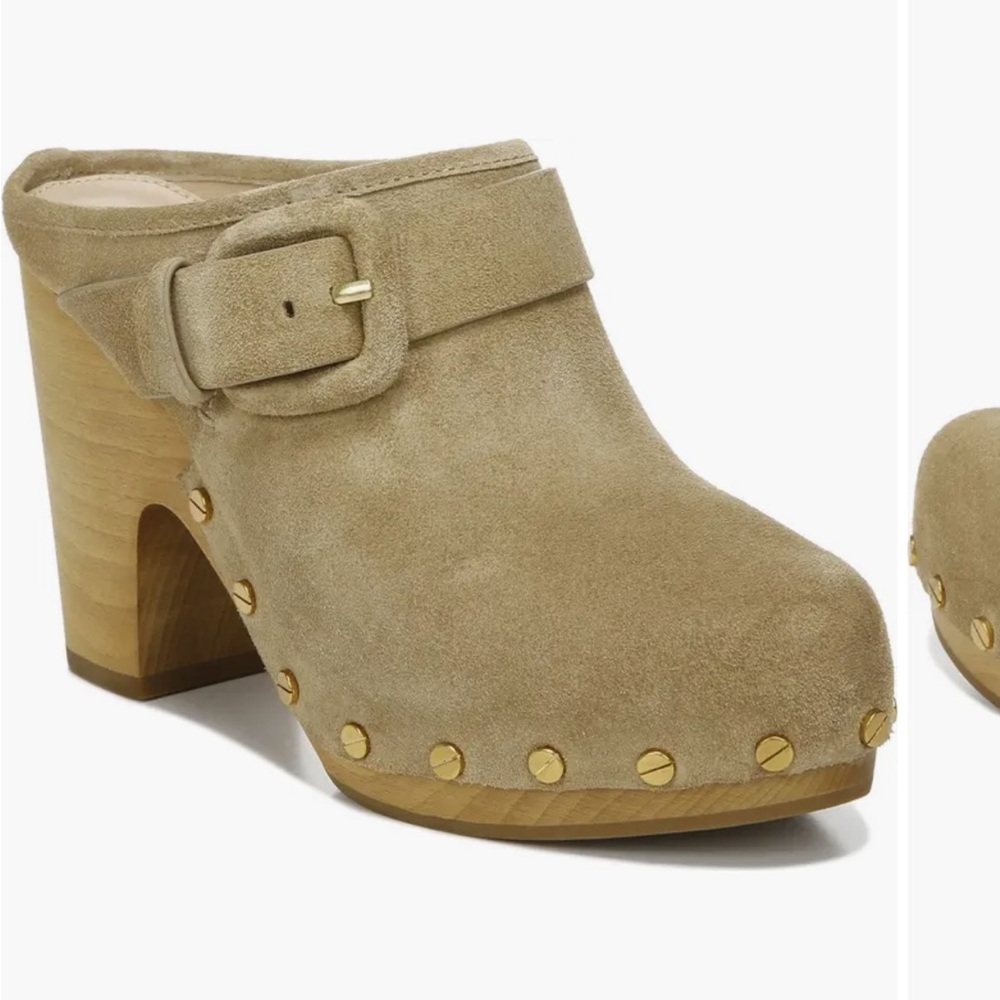 Veronica Beard Beige Suede Mules with Gold Studs